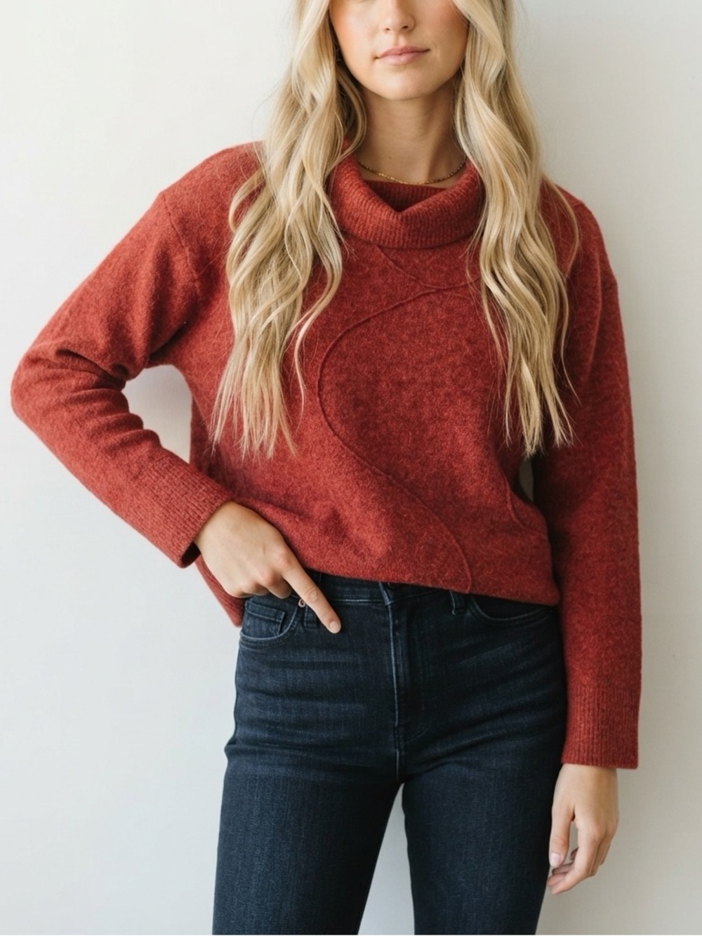 Trisha Tyler Red Embroidered Funnel Neck Lagenlook textured knit Sweater